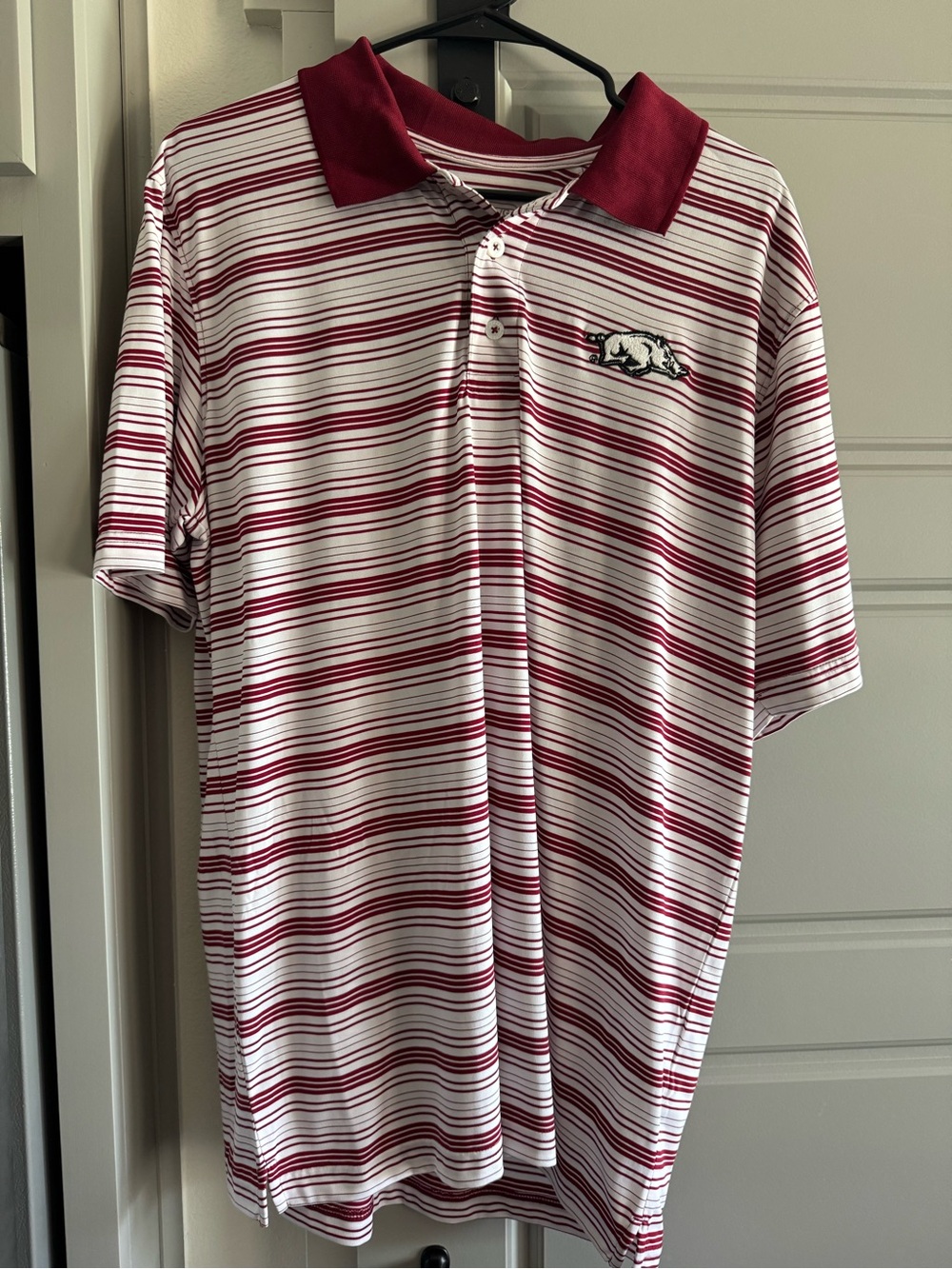 Russell Athletic White and Maroon Striped Polo Arkansas Razorback